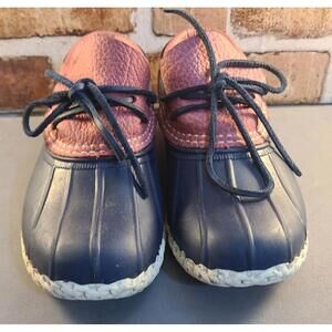 LL Bean Duck Boots Womens Sz 7 Pink Blue Rain Mud Shoes Rubber Leather Outdoors